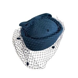 Vintage Style Black Wool Pillbox Hat with Birdcage Veil and Bow Fascinator